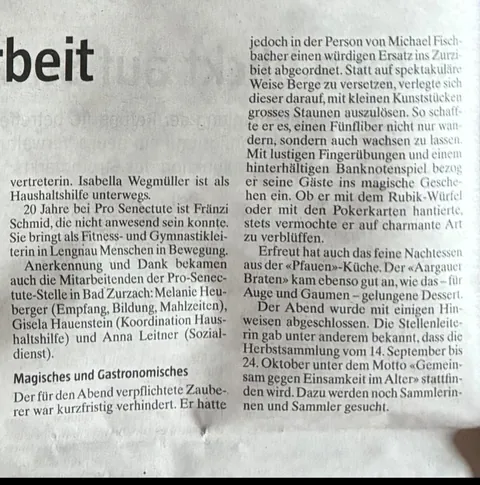 Zeitungsausschnitt mit dem Textteil über den magischen Abend